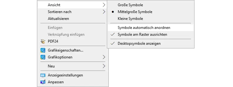 Screenshot: Symbole auf dem Desktop anordnen