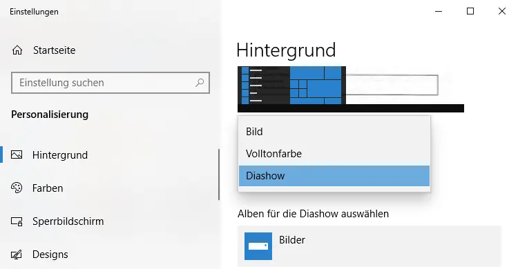 Screenshot: Einstellungen Desktop-Diashow aktivieren