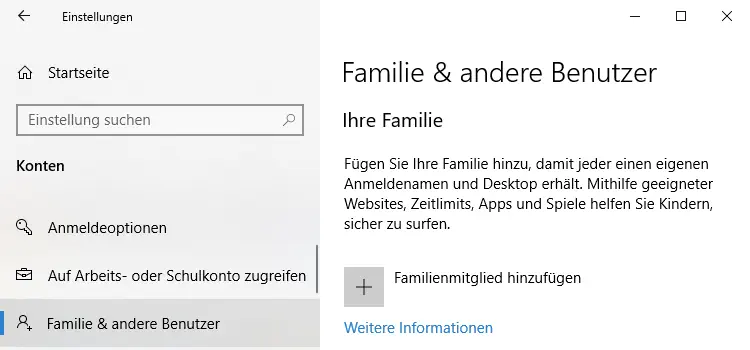 Screenshot: Einstellungen Familie & andere Benutzer