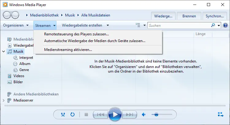 Screenshot: Streamen in Windows Media Player