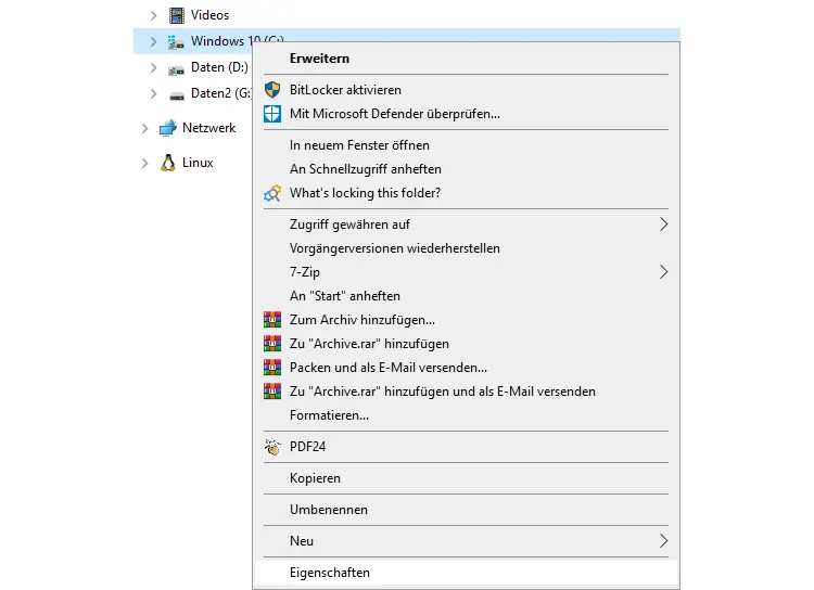Screenshot: Die Laufwerl-Eigenschaften im Datei-Explorer wählen