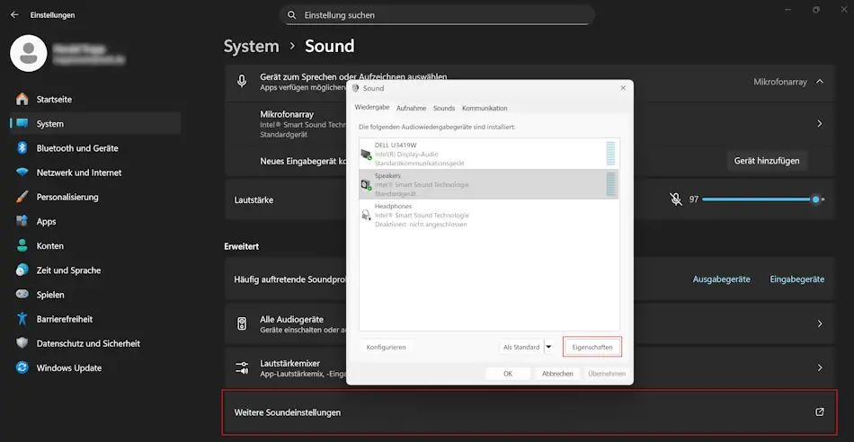 Windows Soundeinstellungen Screenshot: Windows Soundeinstellungen