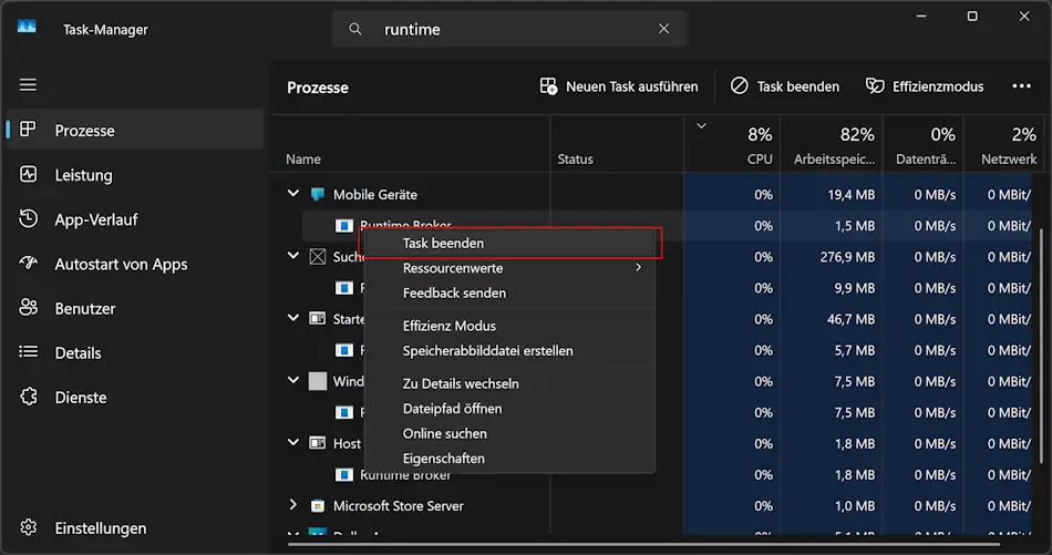 Screenshot: Task-Manager - Task beenden