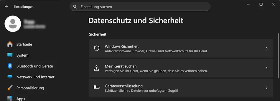 Screenshot: Datenschutz- und Sicherheitseinstellungen in Windows 11.