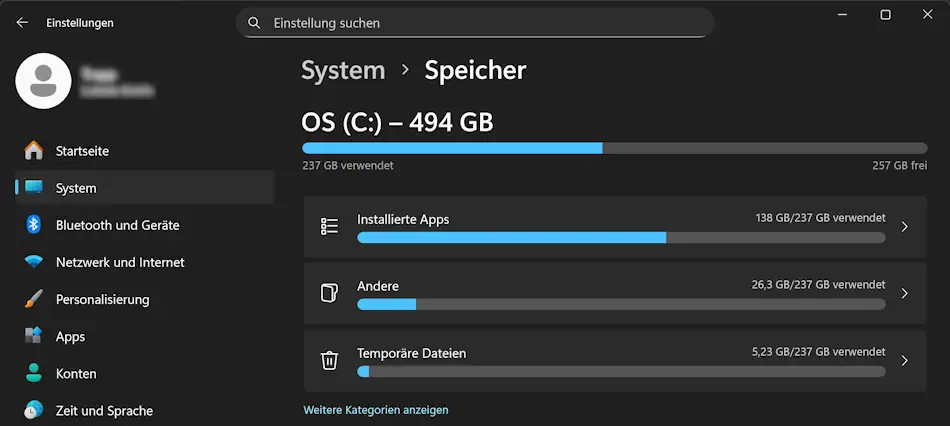 Screenshot: Windows 11 Storage Sense-Optionen