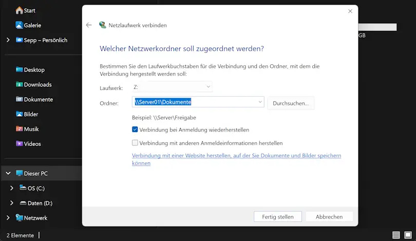 Wählen Sie Ihren Laufwerksbuchstaben aus und geben Sie den Servernamen und den Freigabenamen ein Screenshot: Laufwerksbuchstaben, Servernamen und Freigabenamen eingeben