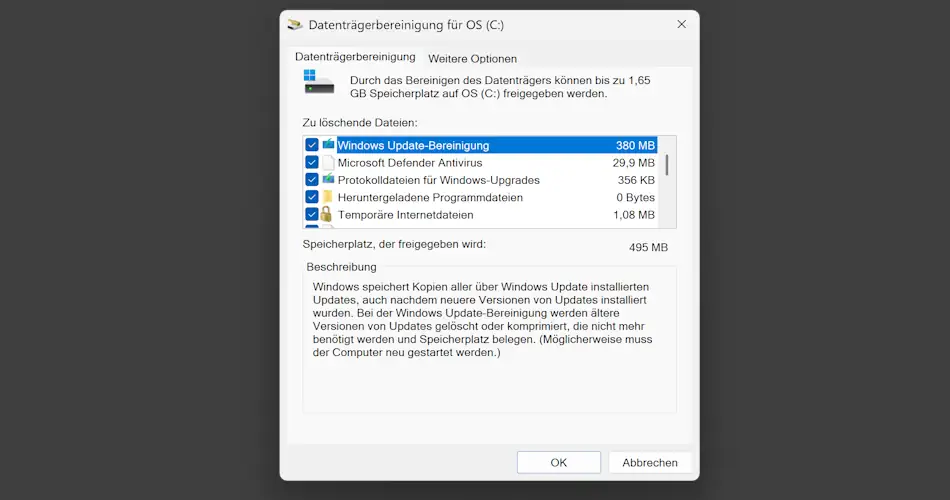 Screenshot: Datenträgerbereinigungstool