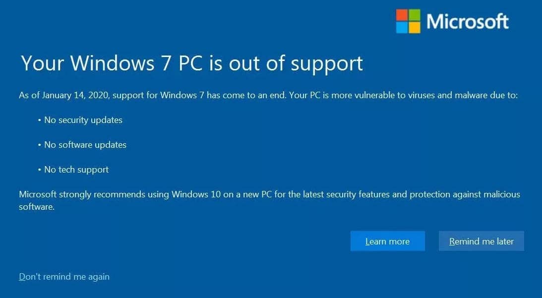 Windows 7 Support beendet